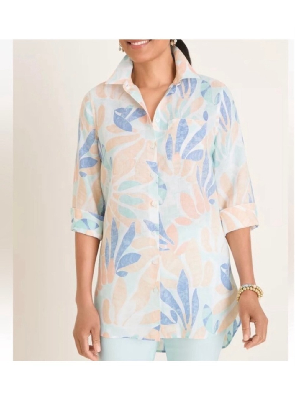 Chico’s No Iron Linen Floral Button Down Shirt Size 3 XL 16/18